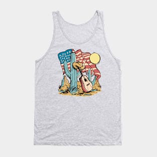 Vintage American Southwest Cartoon with Cactus, Guitar & American Flag Tank Top